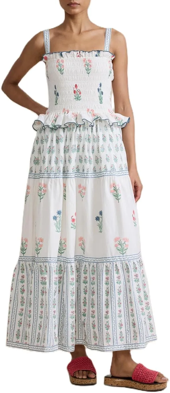 Summer Dress for Women Boho Tie Shoulder Floral Smocked Flowy Long Dress Ruffle Beach Vocation Maxi Sundress