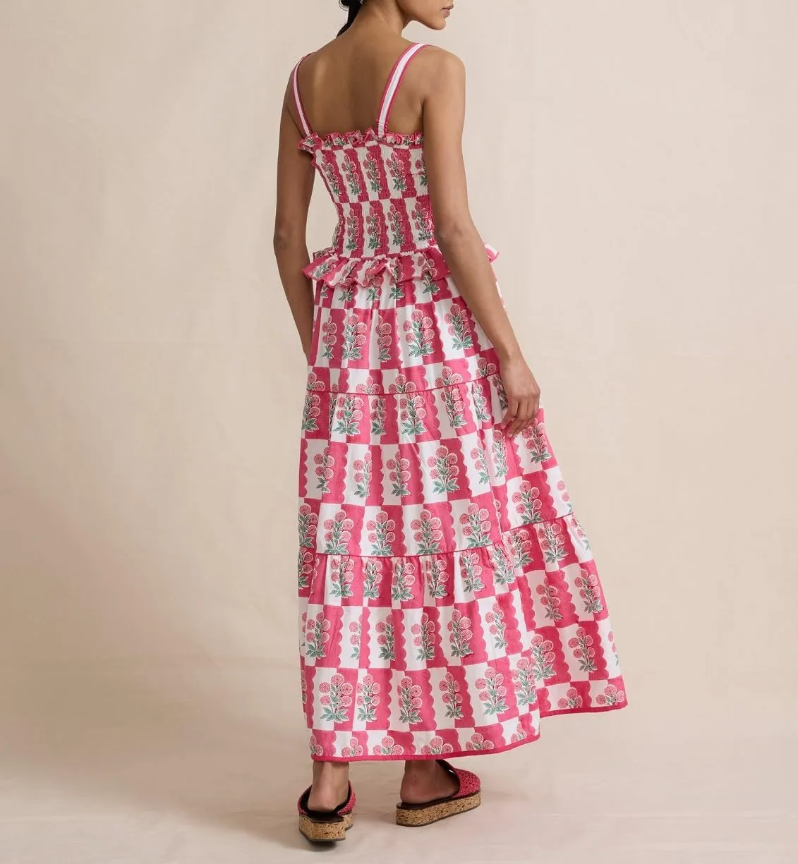 Summer Dress for Women Boho Tie Shoulder Floral Smocked Flowy Long Dress Ruffle Beach Vocation Maxi Sundress