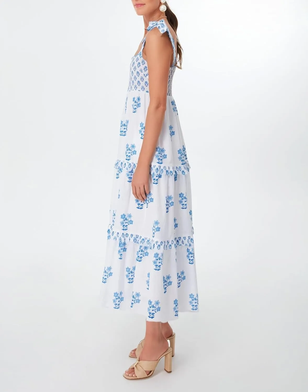 Summer Dress for Women Boho Tie Shoulder Floral Smocked Flowy Long Dress Ruffle Beach Vocation Maxi Sundress