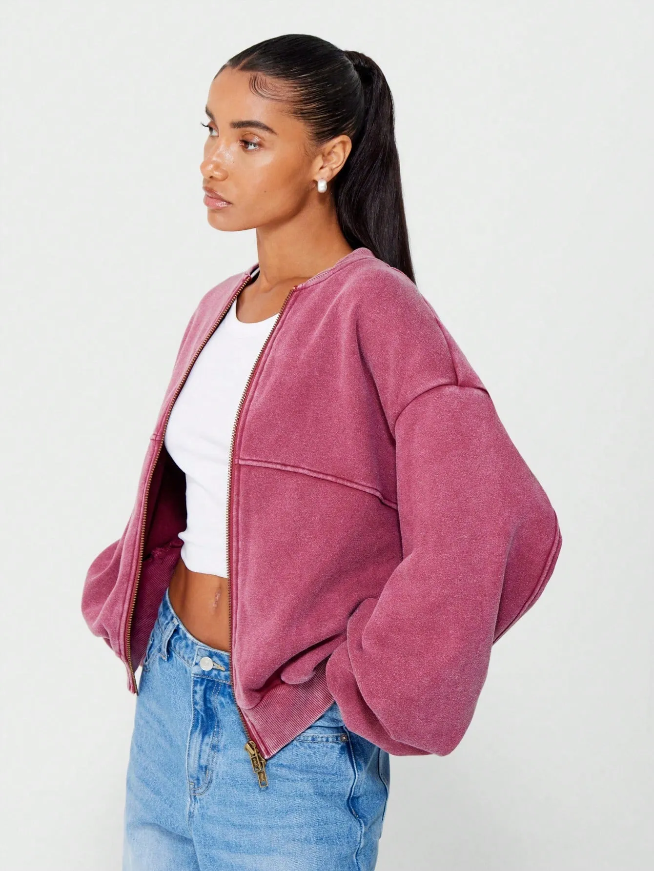SUMWON WOMEN Oversized Zip Through Balloon Sleeves Washed Sweatshirt