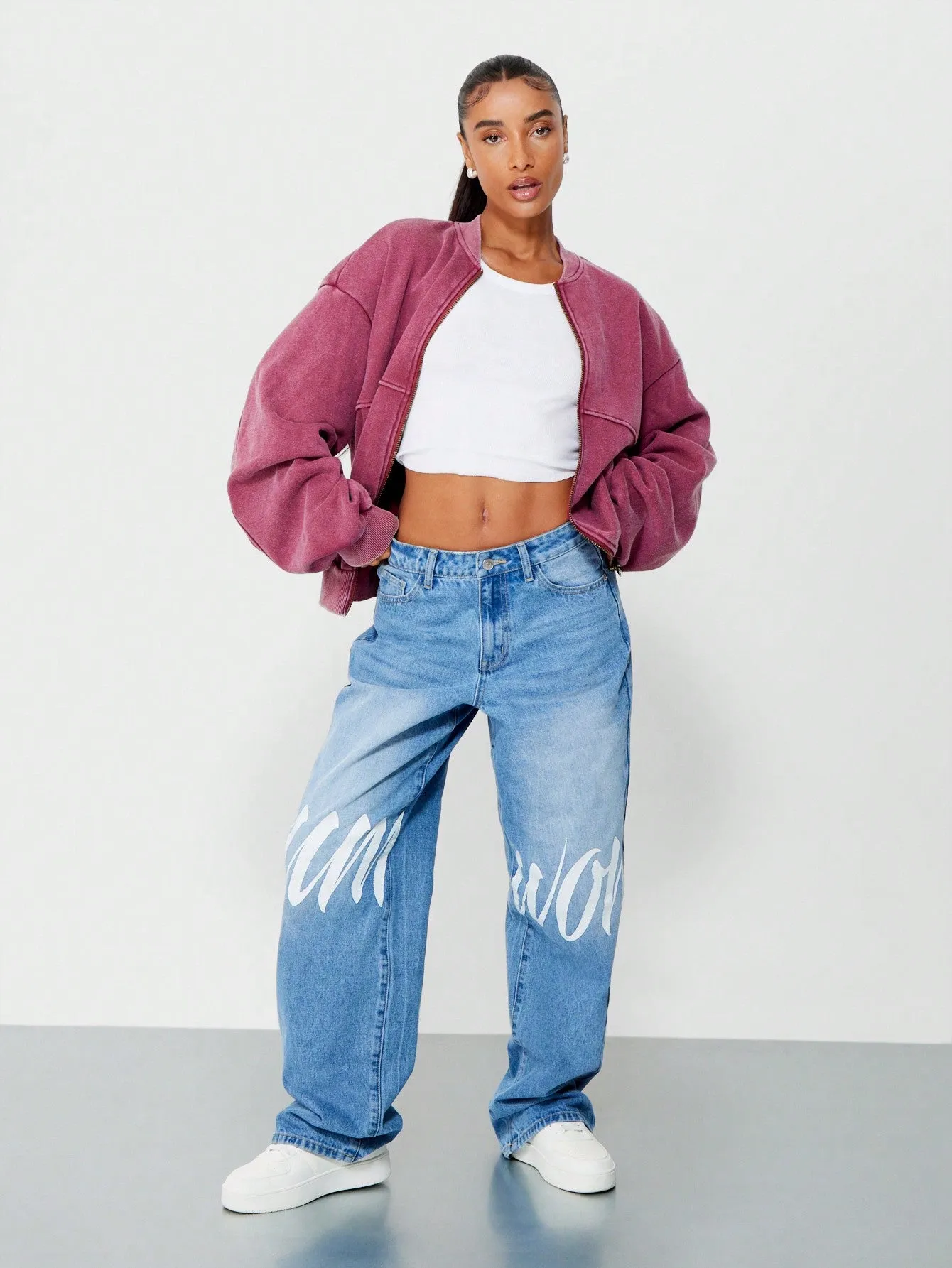 SUMWON WOMEN Oversized Zip Through Balloon Sleeves Washed Sweatshirt