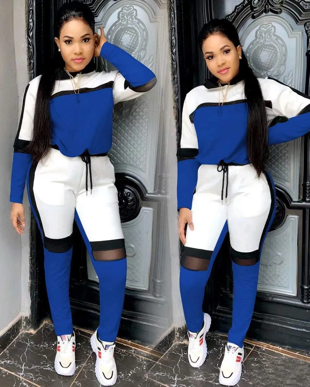 ThusFar Women's Casual Sweatsuit Two Piece Outfits Patchwork Net Color Block Pocket Hooded Top Pant Set Jogger Tracksuit