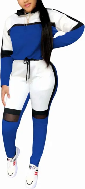ThusFar Women's Casual Sweatsuit Two Piece Outfits Patchwork Net Color Block Pocket Hooded Top Pant Set Jogger Tracksuit
