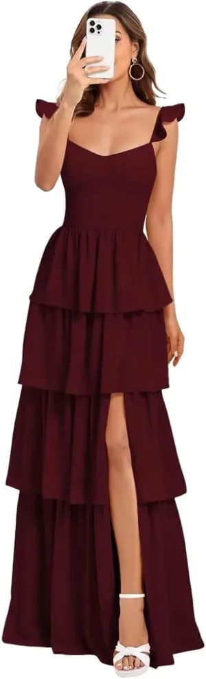 Tiered Chiffon Bridesmaid Dress Spaghetti Straps Prom Dresses with Slit A Line Formal Evening Gown with Ruffle