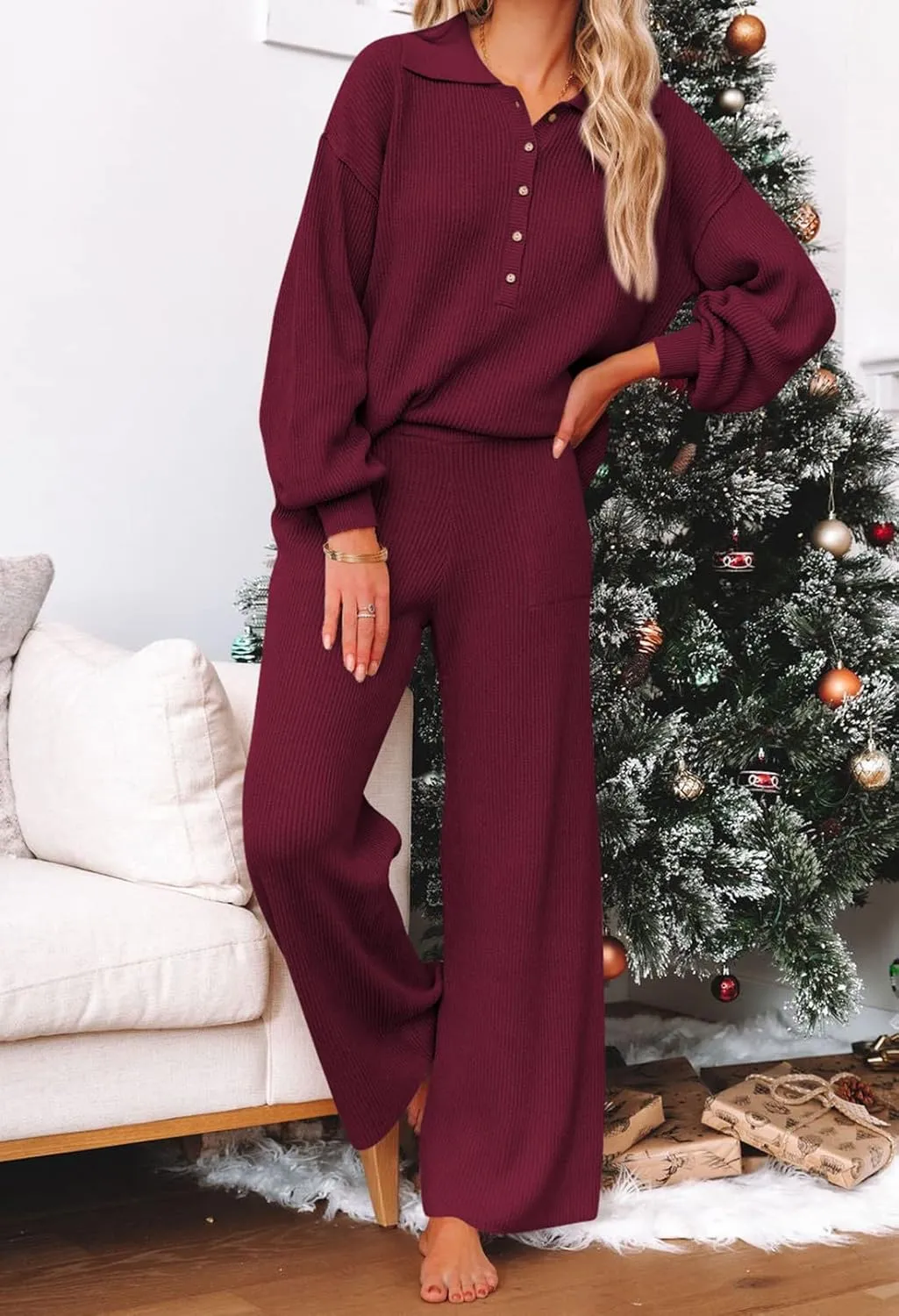 TOLENY Women 2 Piece Lounge Outfits Set Half Button Sweater Wide Leg Pant Loungewear Tracksuit
