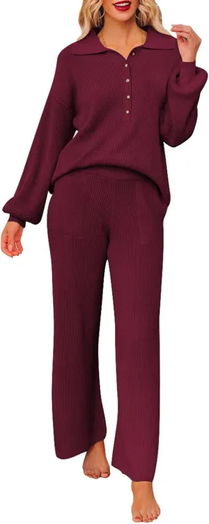 TOLENY Women 2 Piece Lounge Outfits Set Half Button Sweater Wide Leg Pant Loungewear Tracksuit