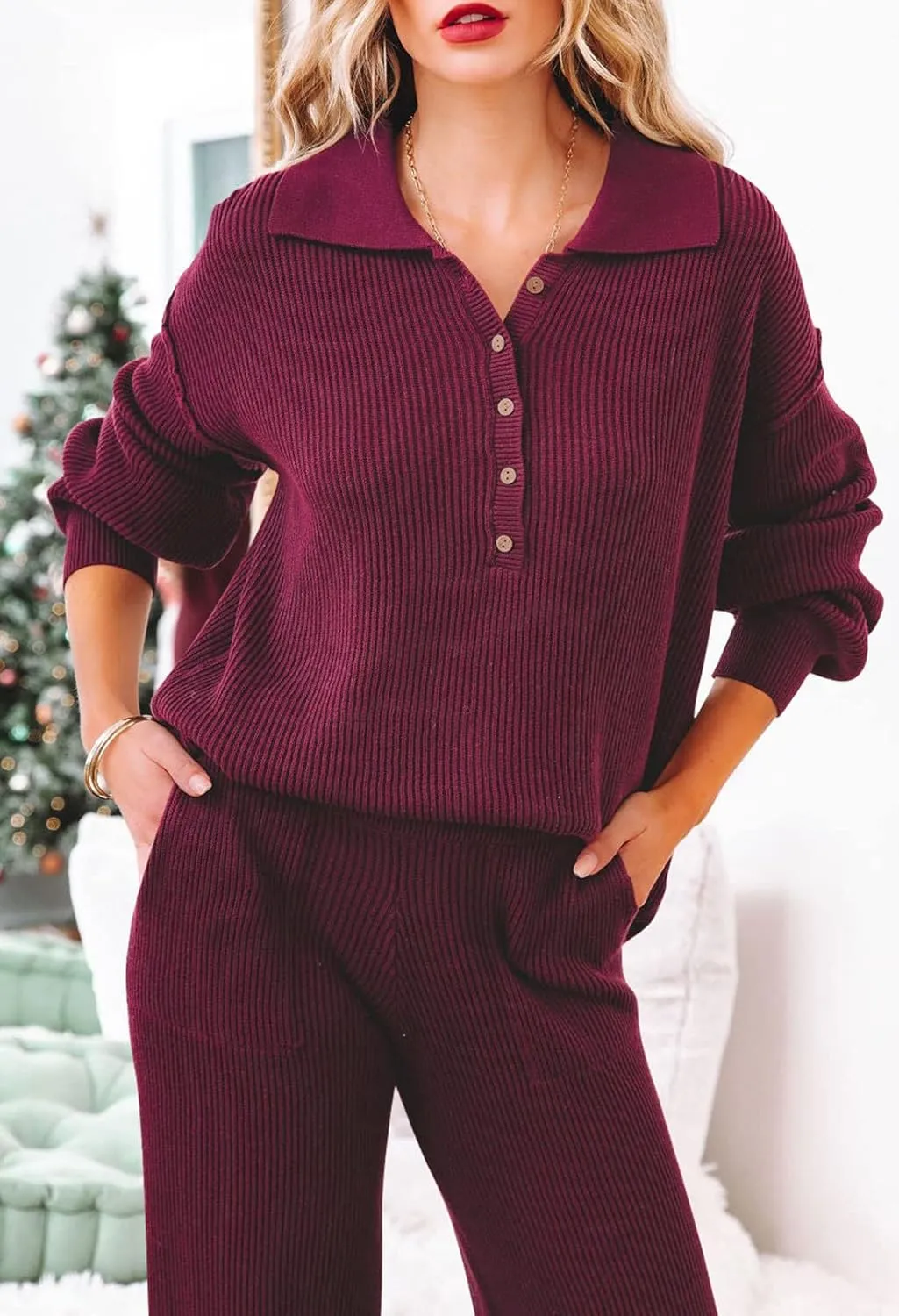 TOLENY Women 2 Piece Lounge Outfits Set Half Button Sweater Wide Leg Pant Loungewear Tracksuit