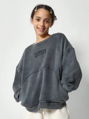 Tween Girls Washed Crew Seamed Sweatshirt With Graphic Print