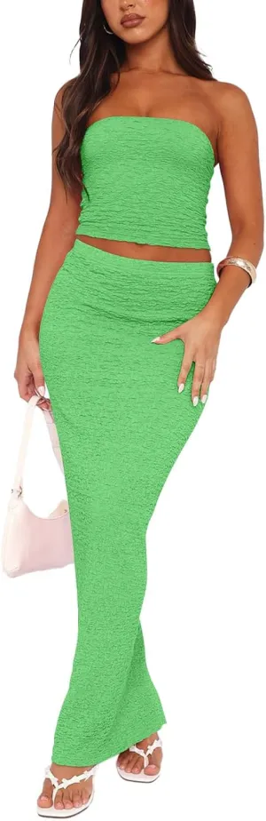 Two Piece Dress Outfits for Women Sleeveless Tube Tops Bodycon Maxi Dress Summer Strapless Crop Top Sexy Suits Set