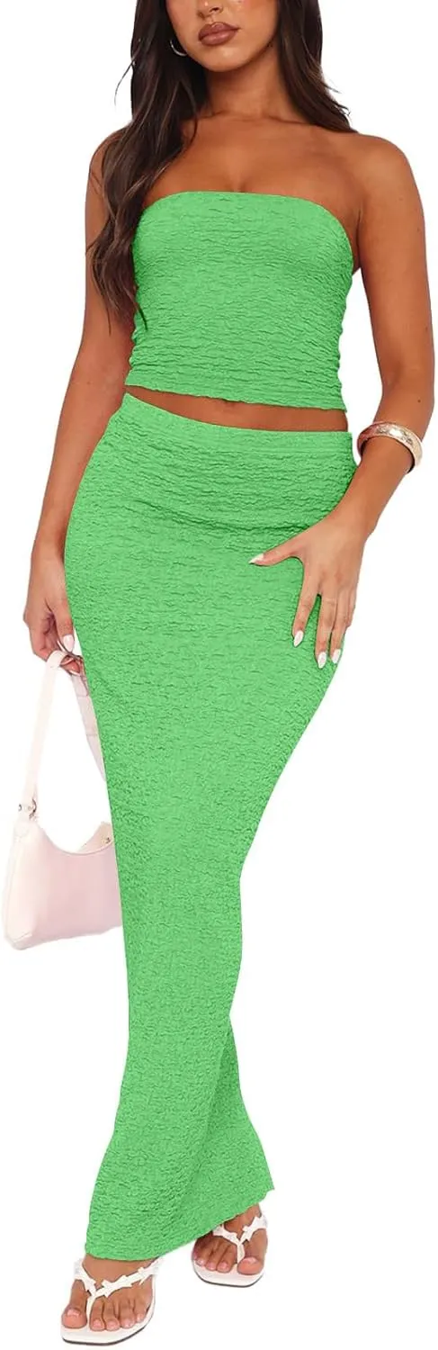 Two Piece Dress Outfits for Women Sleeveless Tube Tops Bodycon Maxi Dress Summer Strapless Crop Top Sexy Suits Set