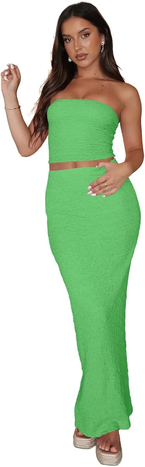 Two Piece Dress Outfits for Women Sleeveless Tube Tops Bodycon Maxi Dress Summer Strapless Crop Top Sexy Suits Set