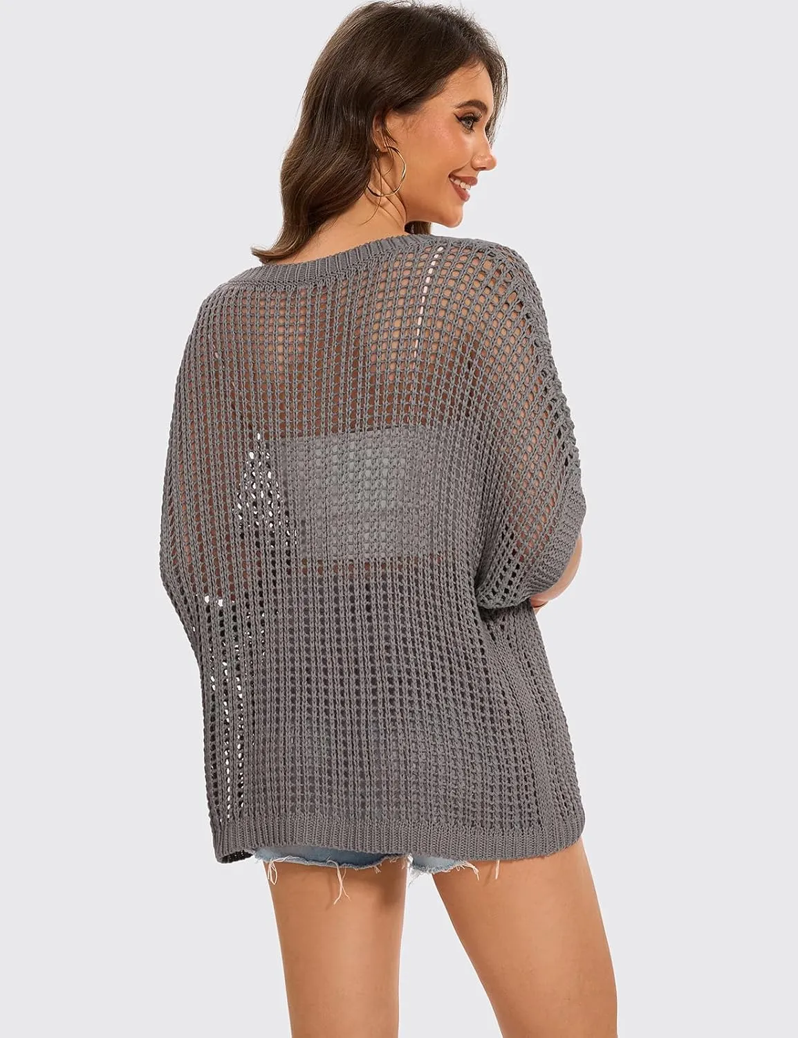 UEU Womens Summer Short Sleeve Crochet Tops Casual Off The Shoulder Knit Sweater Hollow Out Swim Beach Cover Up