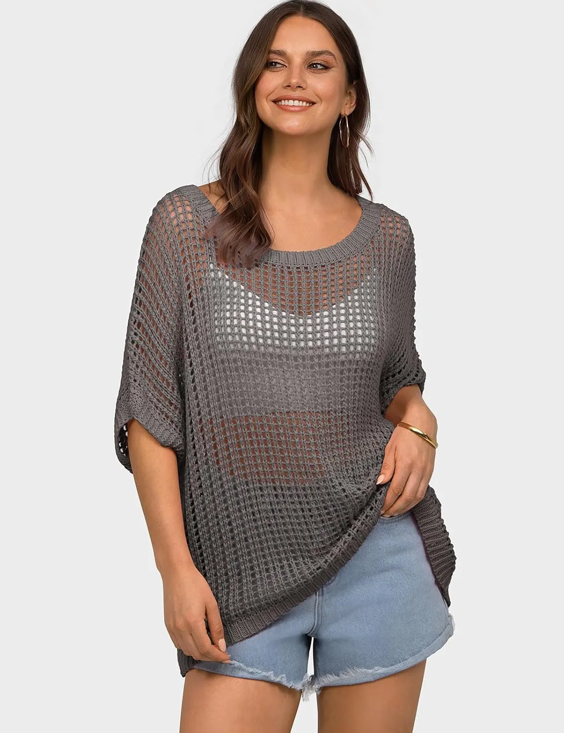 UEU Womens Summer Short Sleeve Crochet Tops Casual Off The Shoulder Knit Sweater Hollow Out Swim Beach Cover Up