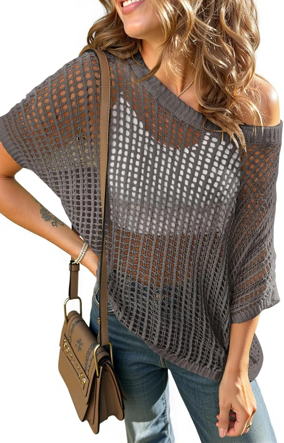 UEU Womens Summer Short Sleeve Crochet Tops Casual Off The Shoulder Knit Sweater Hollow Out Swim Beach Cover Up