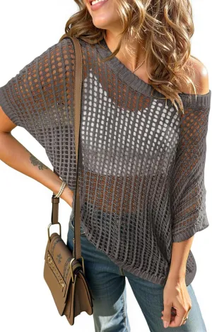 UEU Womens Summer Short Sleeve Crochet Tops Casual Off The Shoulder Knit Sweater Hollow Out Swim Beach Cover Up
