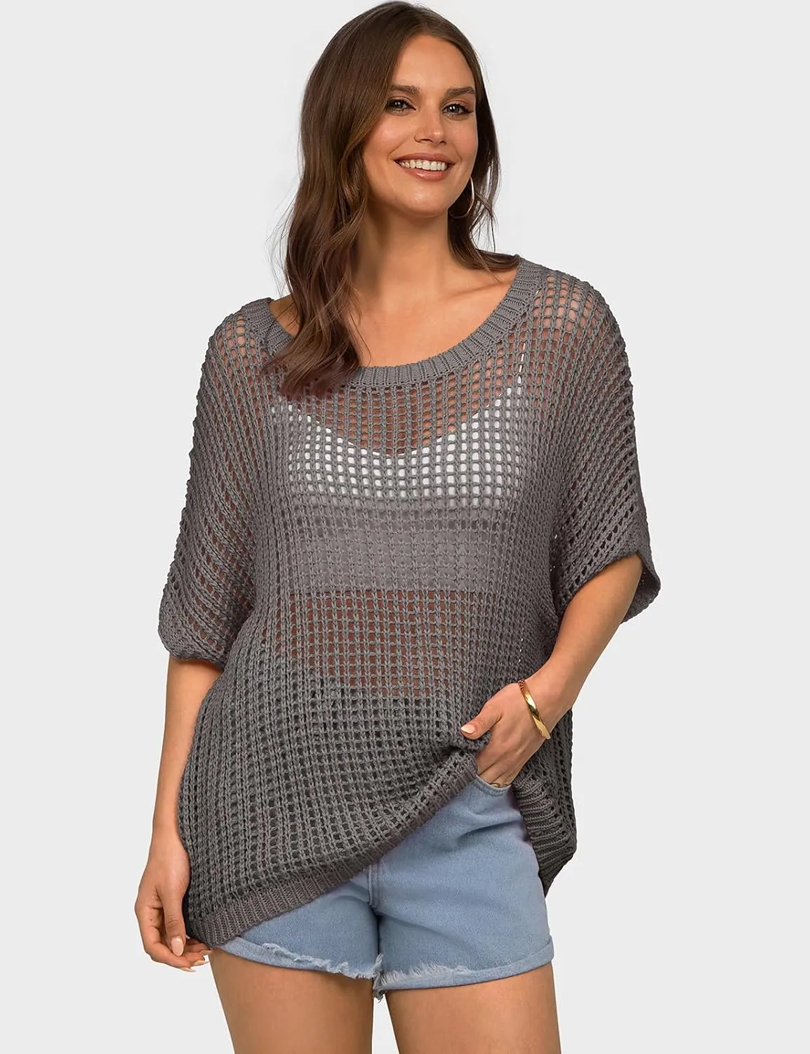 UEU Womens Summer Short Sleeve Crochet Tops Casual Off The Shoulder Knit Sweater Hollow Out Swim Beach Cover Up