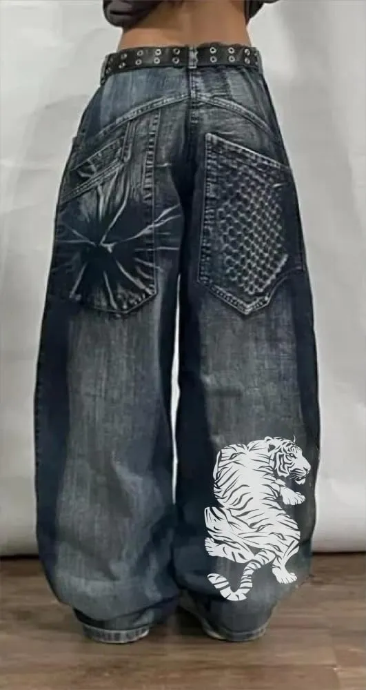 Unisex Y2K Hip Hop Street Jeans Tiger Print Gothic Baggy Jeans Vintage High Waist Denim Jeans Wide Leg Pants