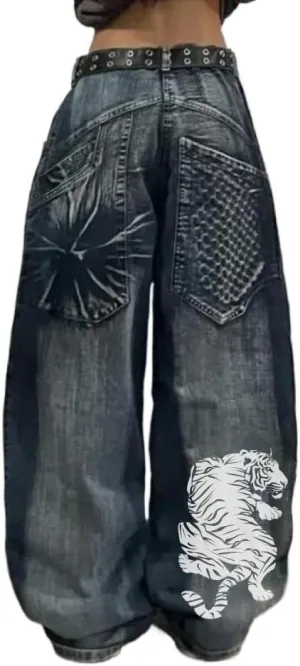 Unisex Y2K Hip Hop Street Jeans Tiger Print Gothic Baggy Jeans Vintage High Waist Denim Jeans Wide Leg Pants