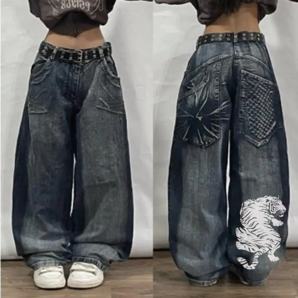 Unisex Y2K Hip Hop Street Jeans Tiger Print Gothic Baggy Jeans Vintage High Waist Denim Jeans Wide Leg Pants