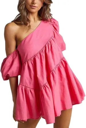 UOOZEE Women's Summer One Shoulder Mini Dress Puff Short Sleeve A Line Flowy Cocktail Party Club Short Dresses