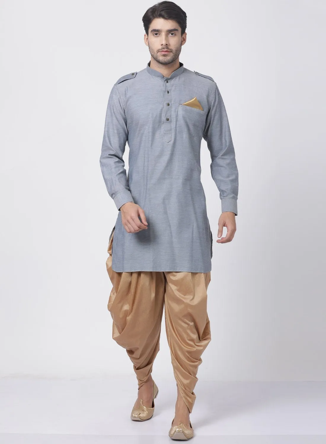 VASTRAMAY Grey Cotton Kurta Dhoti Set
