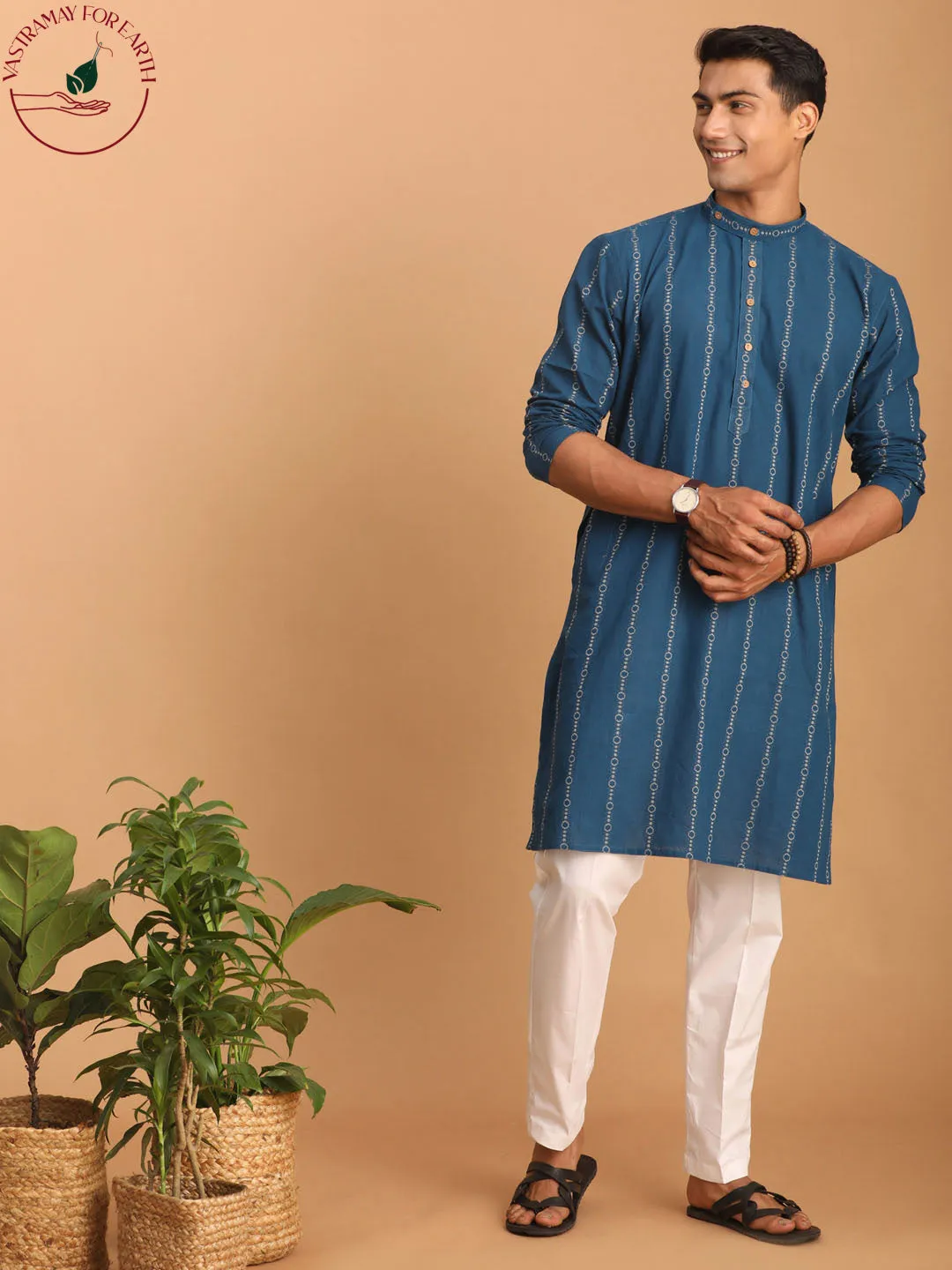 VASTRAMAY Men's Blue Jacquard Kurta Set