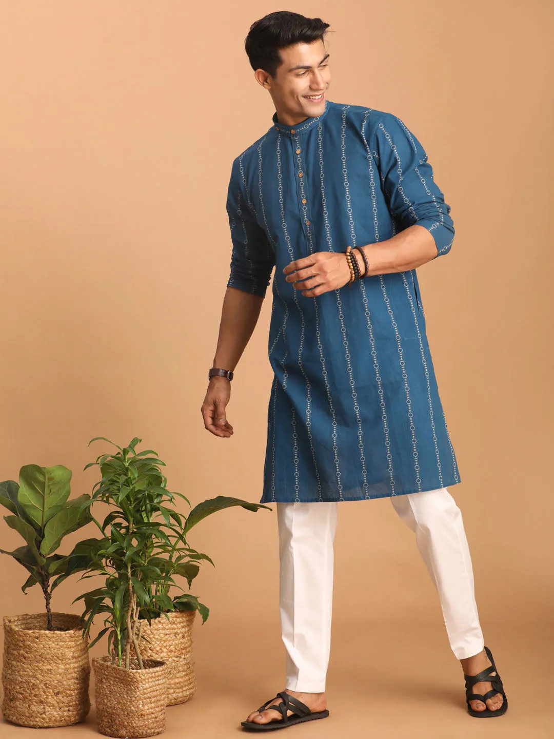 VASTRAMAY Men's Blue Jacquard Kurta Set
