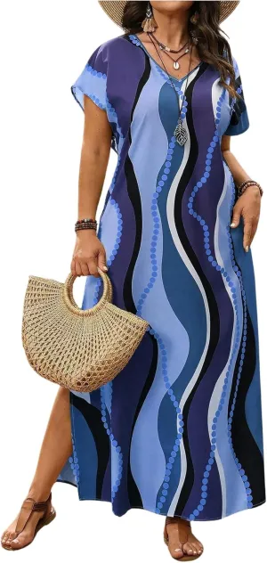 Verdusa Plus Size Maxi Dresses for Women 2025 Short Sleeve V Neck Color Block Wave Striped Boho Vacation Long Dress