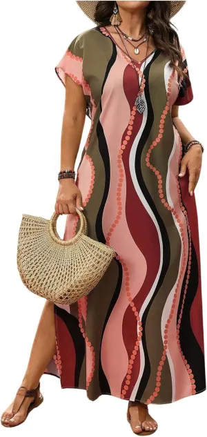 Verdusa Plus Size Maxi Dresses for Women 2025 Short Sleeve V Neck Color Block Wave Striped Boho Vacation Long Dress
