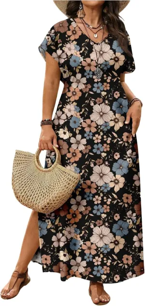 Verdusa Plus Size Maxi Dresses for Women 2025 Short Sleeve V Neck Color Block Wave Striped Boho Vacation Long Dress