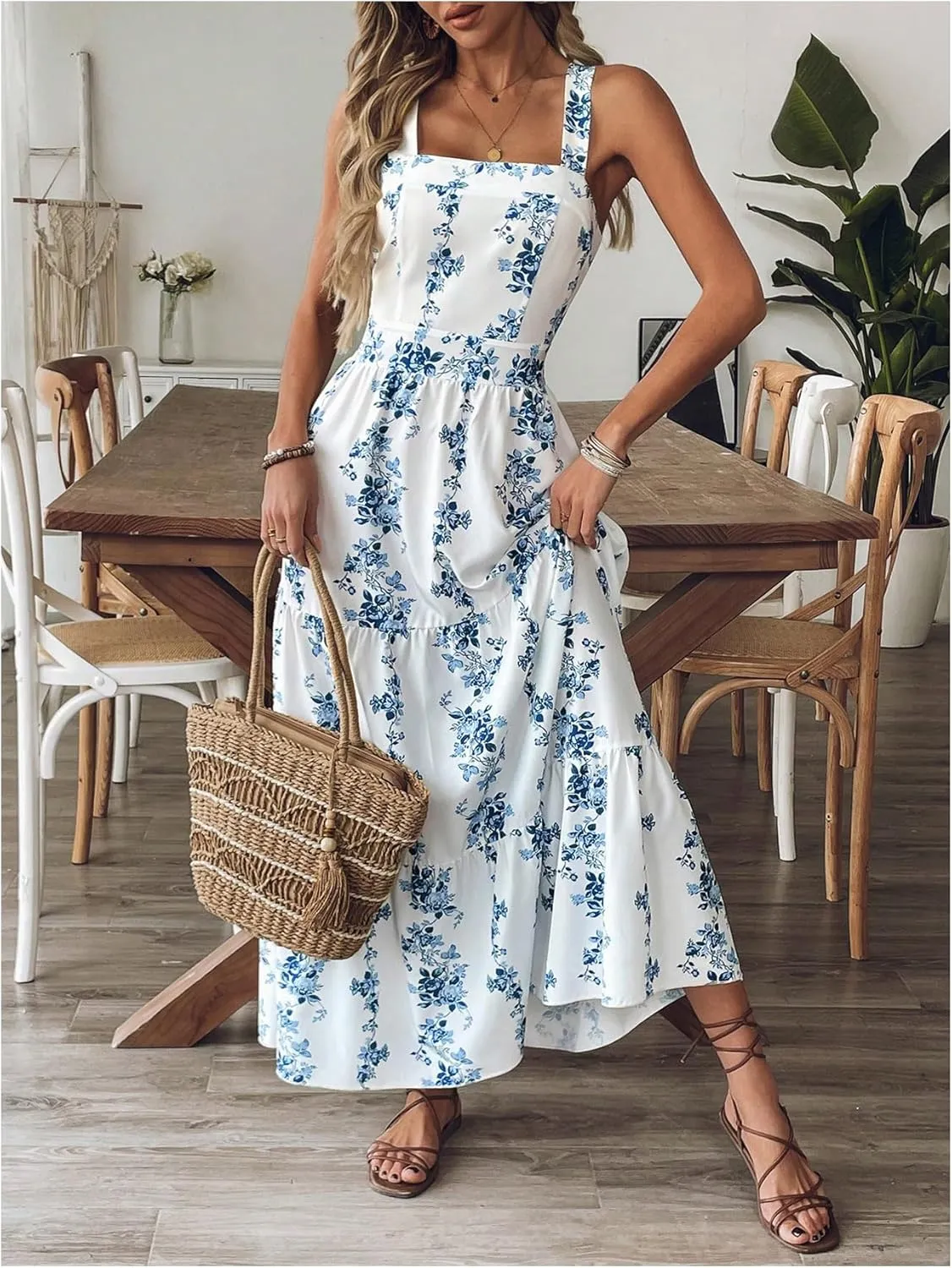 Verdusa Women's Boho Floral Tie Back Sleeveless Sun Dress Tiered A Line Flowy Maxi Dresses