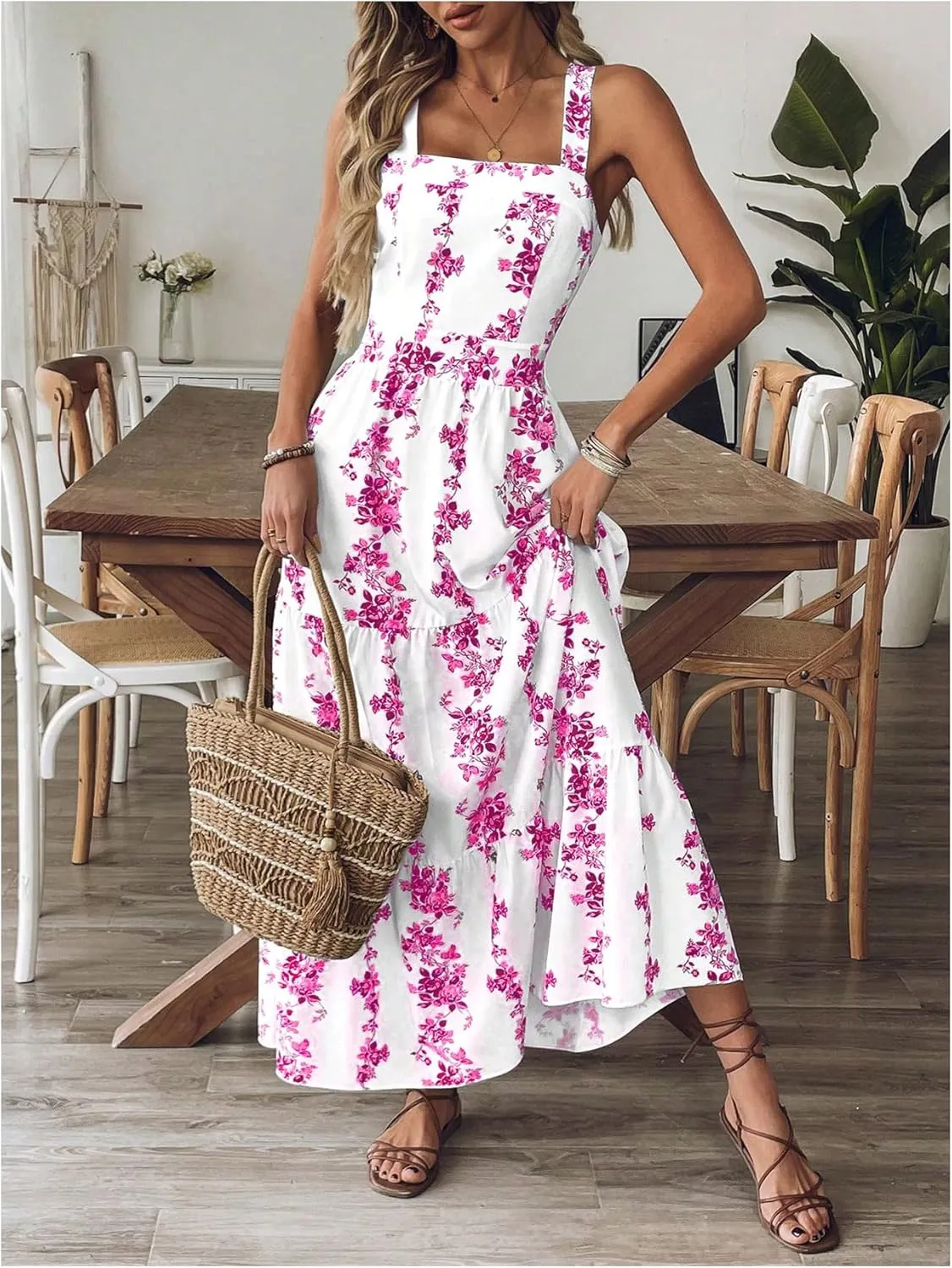 Verdusa Women's Boho Floral Tie Back Sleeveless Sun Dress Tiered A Line Flowy Maxi Dresses