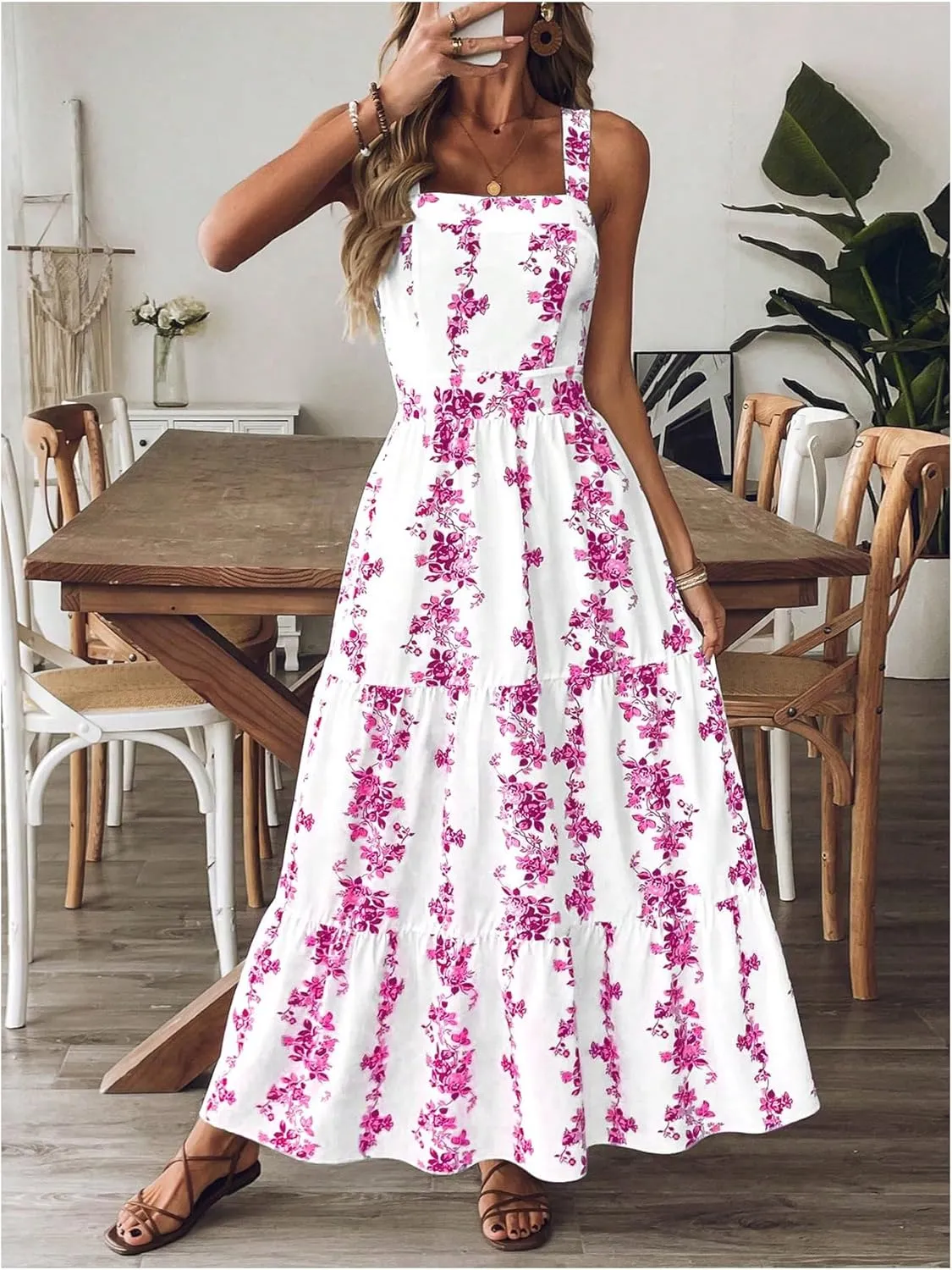 Verdusa Women's Boho Floral Tie Back Sleeveless Sun Dress Tiered A Line Flowy Maxi Dresses