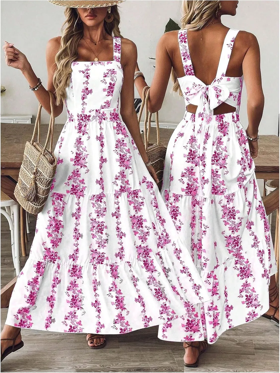 Verdusa Women's Boho Floral Tie Back Sleeveless Sun Dress Tiered A Line Flowy Maxi Dresses