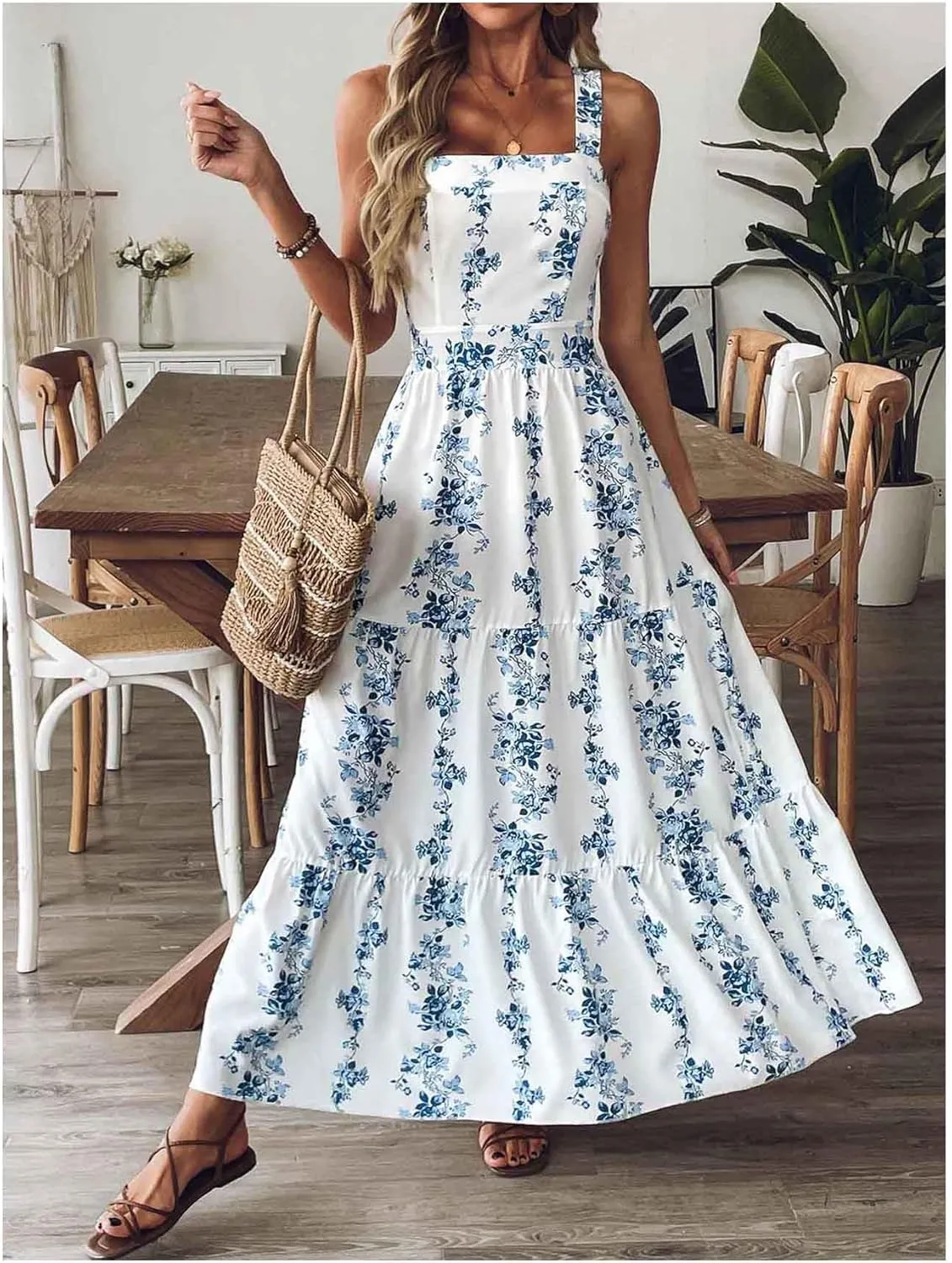 Verdusa Women's Boho Floral Tie Back Sleeveless Sun Dress Tiered A Line Flowy Maxi Dresses