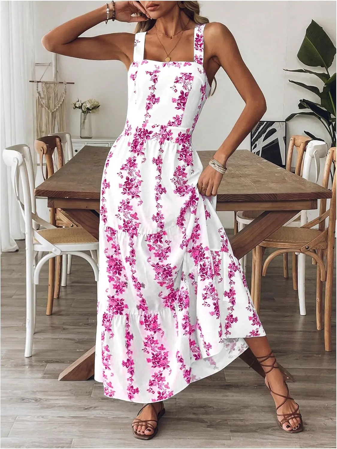 Verdusa Women's Boho Floral Tie Back Sleeveless Sun Dress Tiered A Line Flowy Maxi Dresses