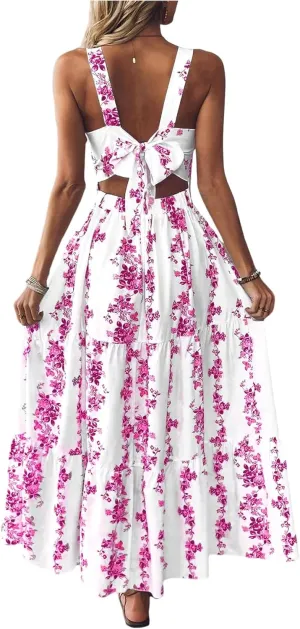 Verdusa Women's Boho Floral Tie Back Sleeveless Sun Dress Tiered A Line Flowy Maxi Dresses