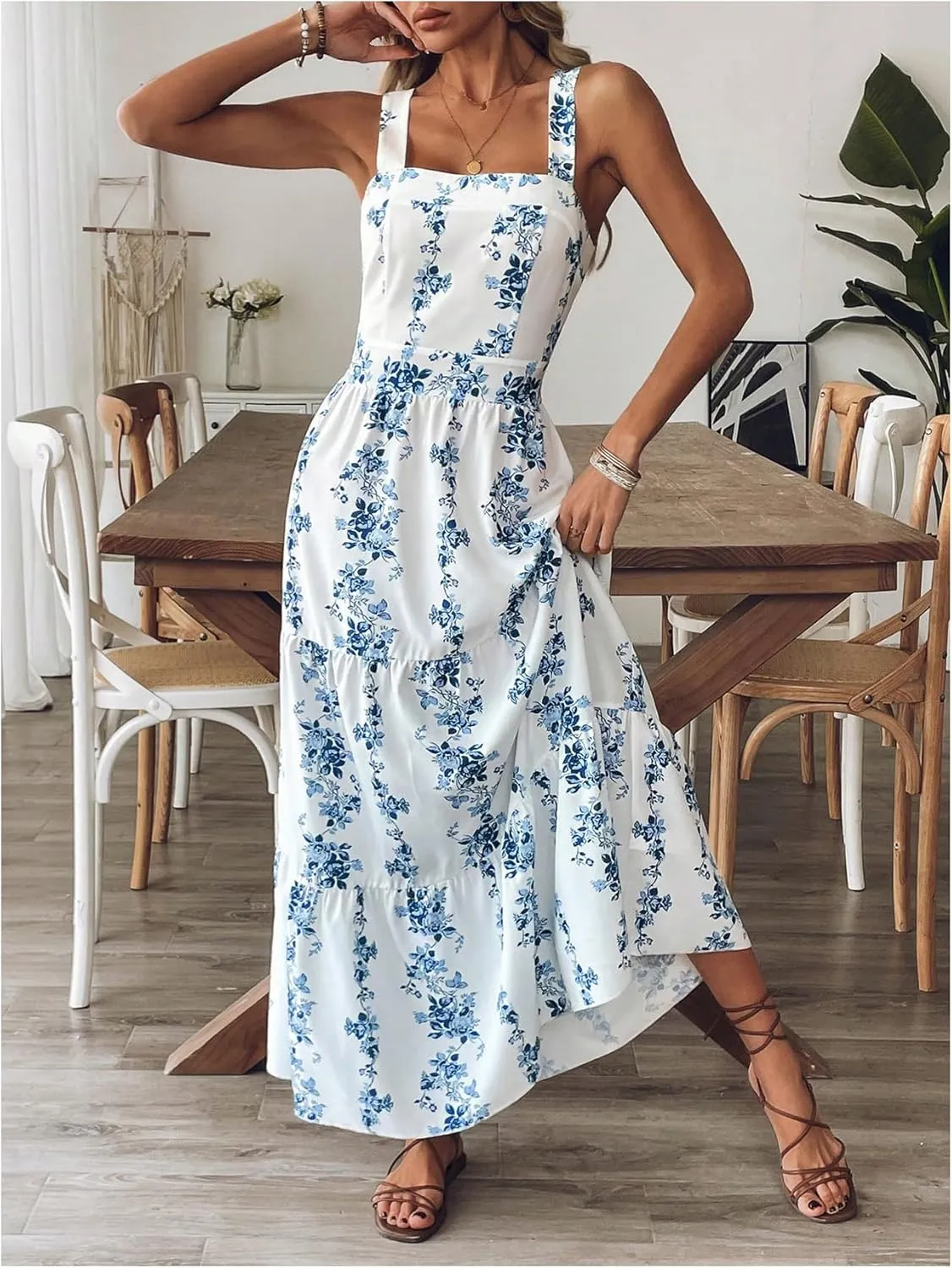 Verdusa Women's Boho Floral Tie Back Sleeveless Sun Dress Tiered A Line Flowy Maxi Dresses