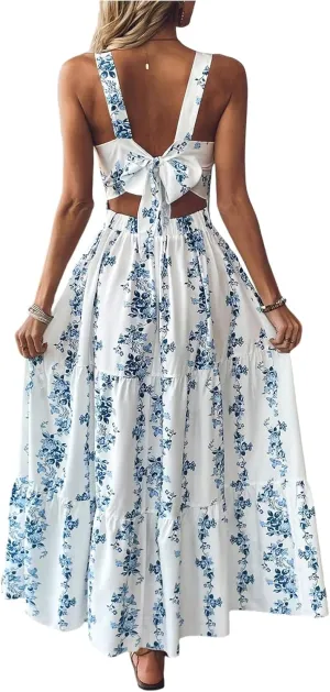 Verdusa Women's Boho Floral Tie Back Sleeveless Sun Dress Tiered A Line Flowy Maxi Dresses