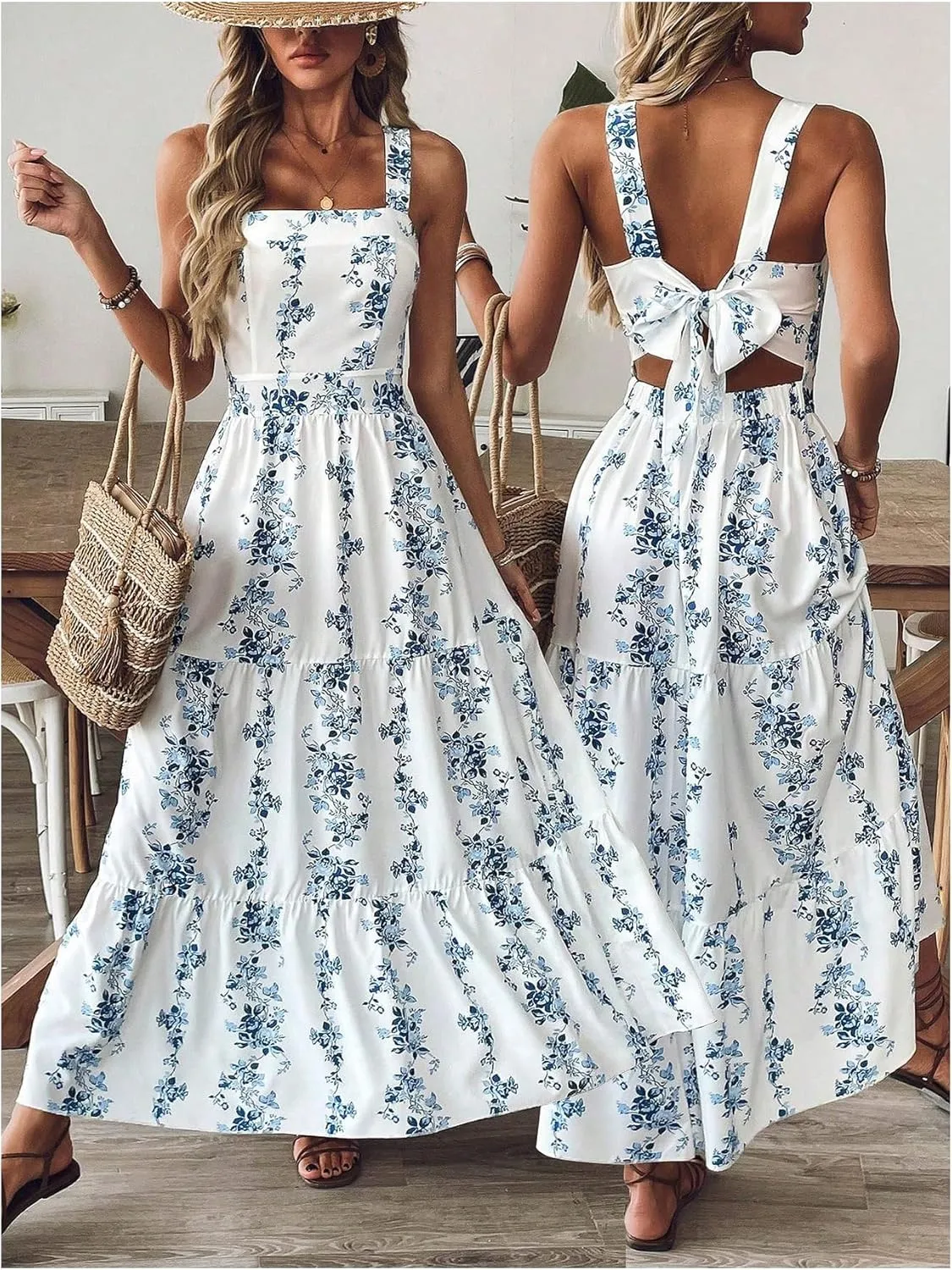 Verdusa Women's Boho Floral Tie Back Sleeveless Sun Dress Tiered A Line Flowy Maxi Dresses