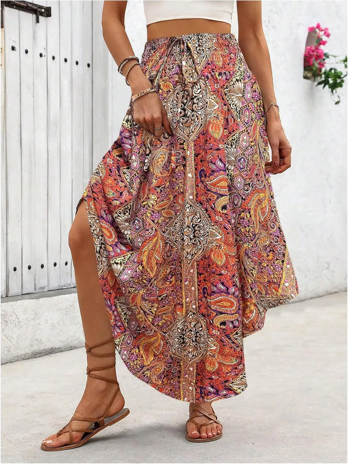Verdusa Women's Boho Western Floral Print Long Skirts 80s Flowy Elastic Waist Vacation Maxi Skirt