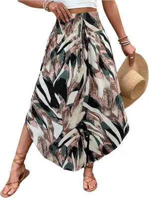 Verdusa Women's Boho Western Floral Print Long Skirts 80s Flowy Elastic Waist Vacation Maxi Skirt