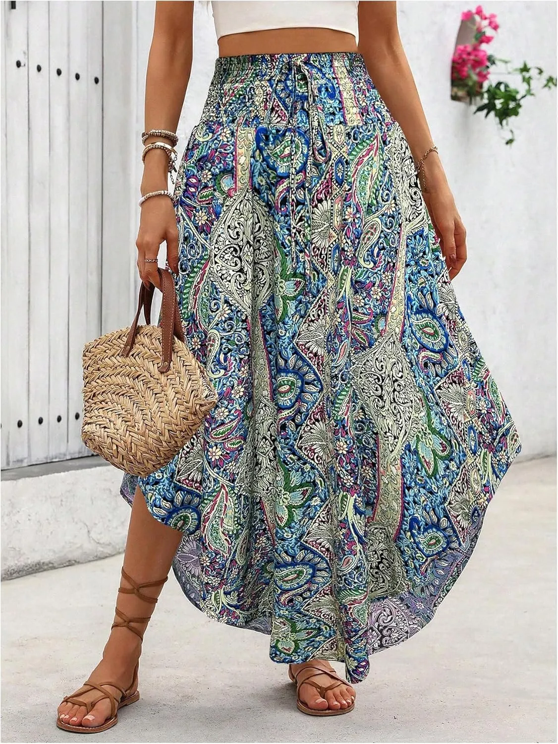 Verdusa Women's Boho Western Floral Print Long Skirts 80s Flowy Elastic Waist Vacation Maxi Skirt