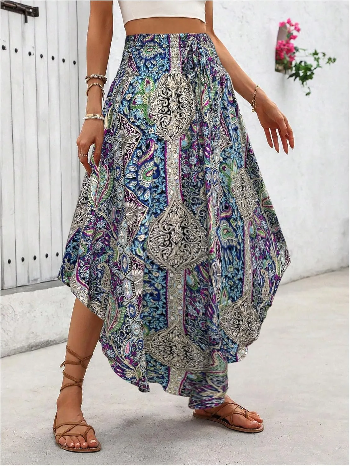 Verdusa Women's Boho Western Floral Print Long Skirts 80s Flowy Elastic Waist Vacation Maxi Skirt
