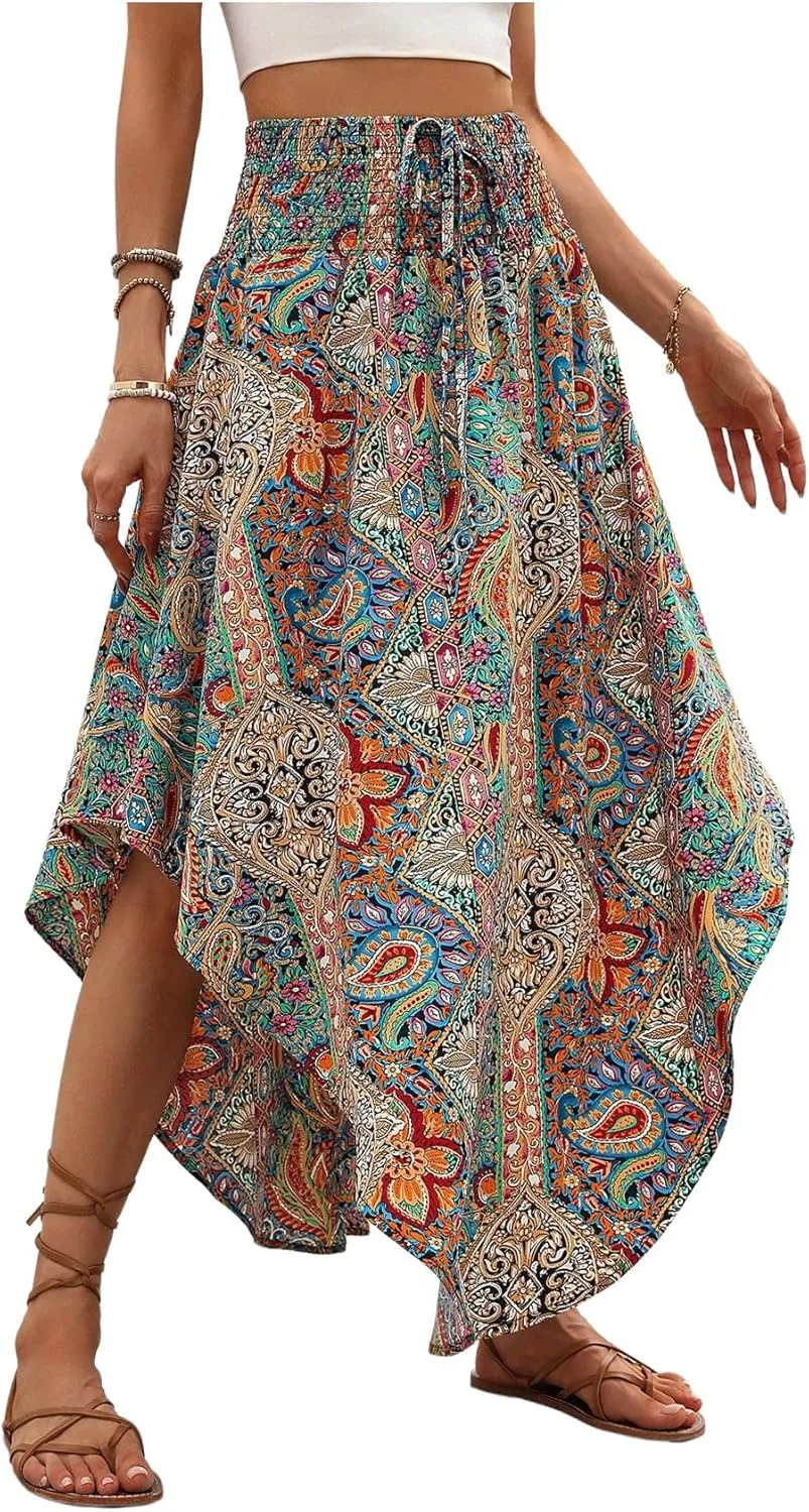 Verdusa Women's Boho Western Floral Print Long Skirts 80s Flowy Elastic Waist Vacation Maxi Skirt