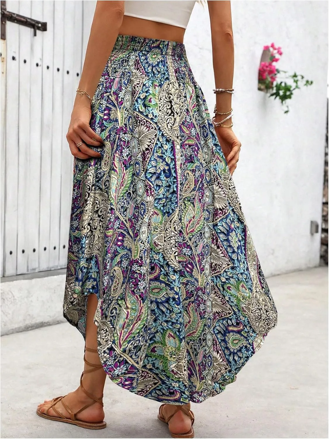 Verdusa Women's Boho Western Floral Print Long Skirts 80s Flowy Elastic Waist Vacation Maxi Skirt