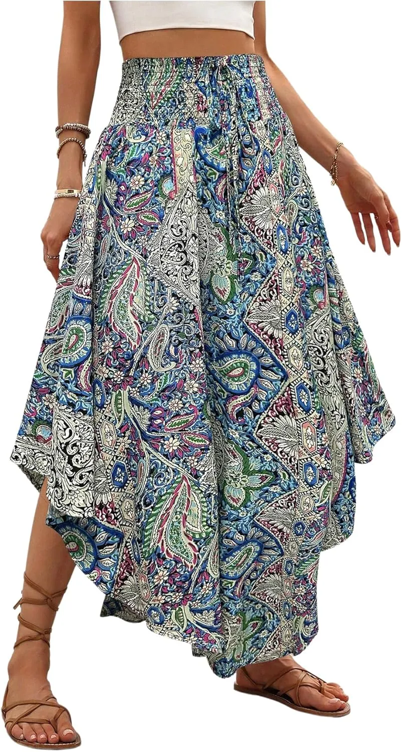 Verdusa Women's Boho Western Floral Print Long Skirts 80s Flowy Elastic Waist Vacation Maxi Skirt