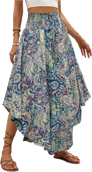 Verdusa Women's Boho Western Floral Print Long Skirts 80s Flowy Elastic Waist Vacation Maxi Skirt