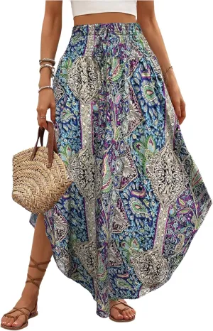 Verdusa Women's Boho Western Floral Print Long Skirts 80s Flowy Elastic Waist Vacation Maxi Skirt
