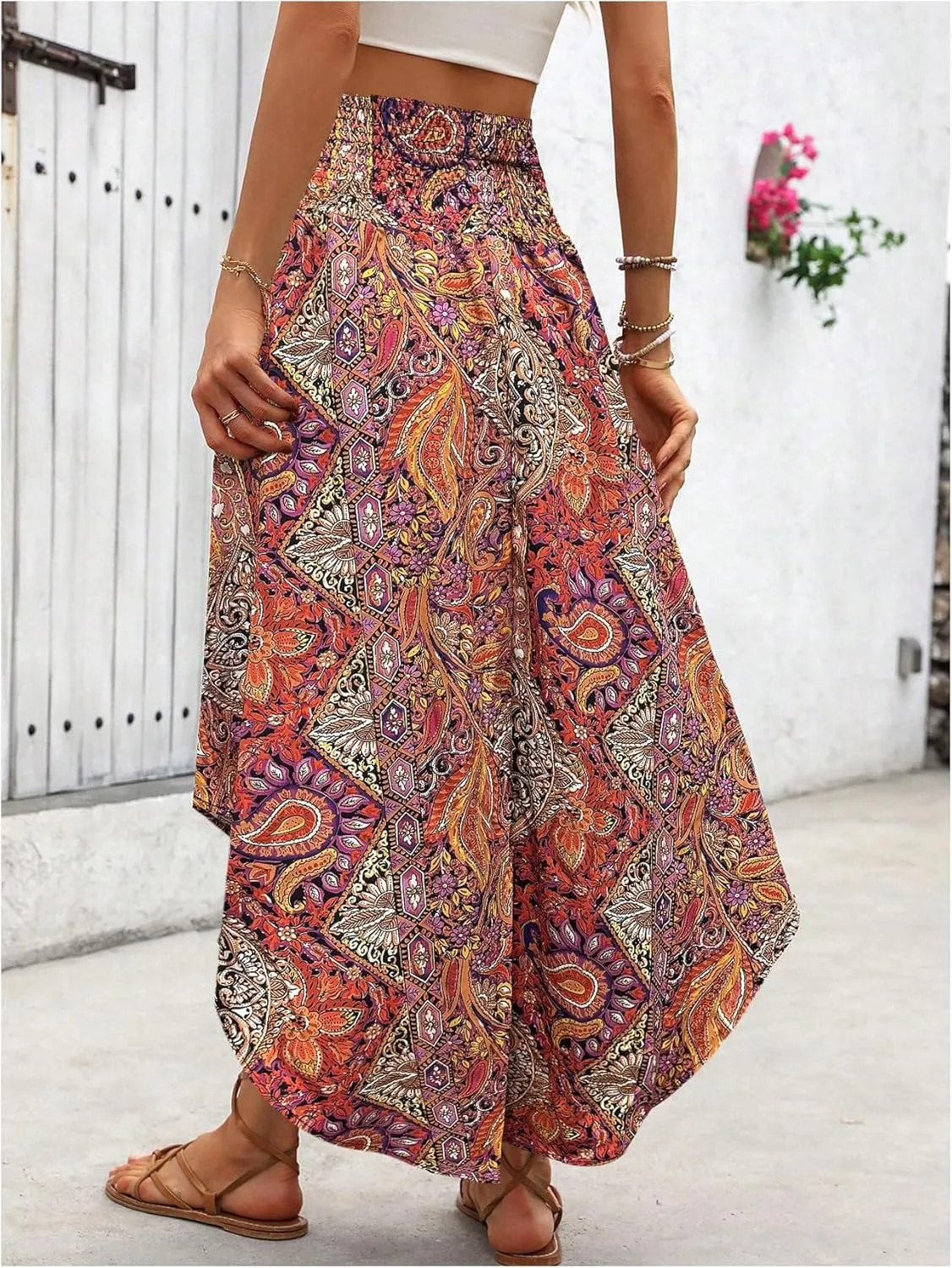 Verdusa Women's Boho Western Floral Print Long Skirts 80s Flowy Elastic Waist Vacation Maxi Skirt